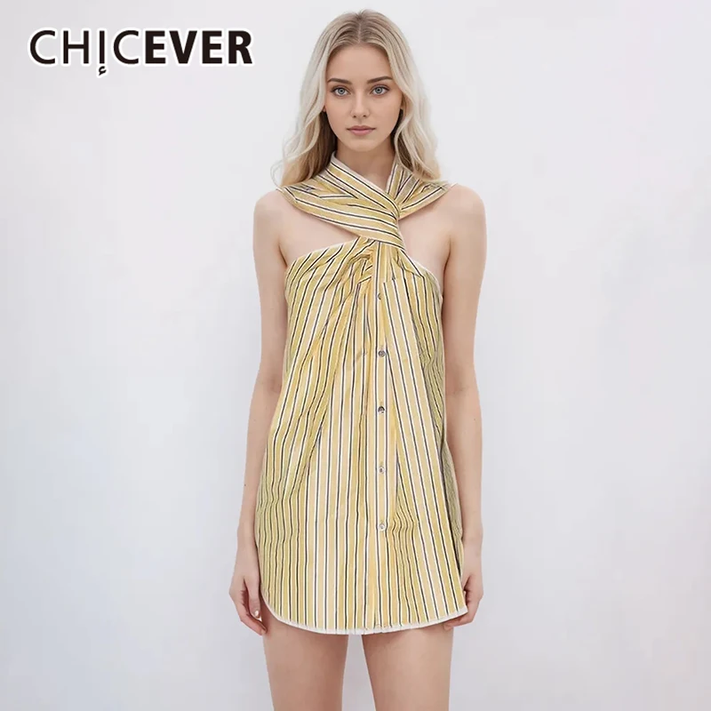 

CHICEVER Casual Off Shoulder Tank Tops For Women Irregular Collar Sleeveless Single Breasted Striped Colorblock Vests Female New