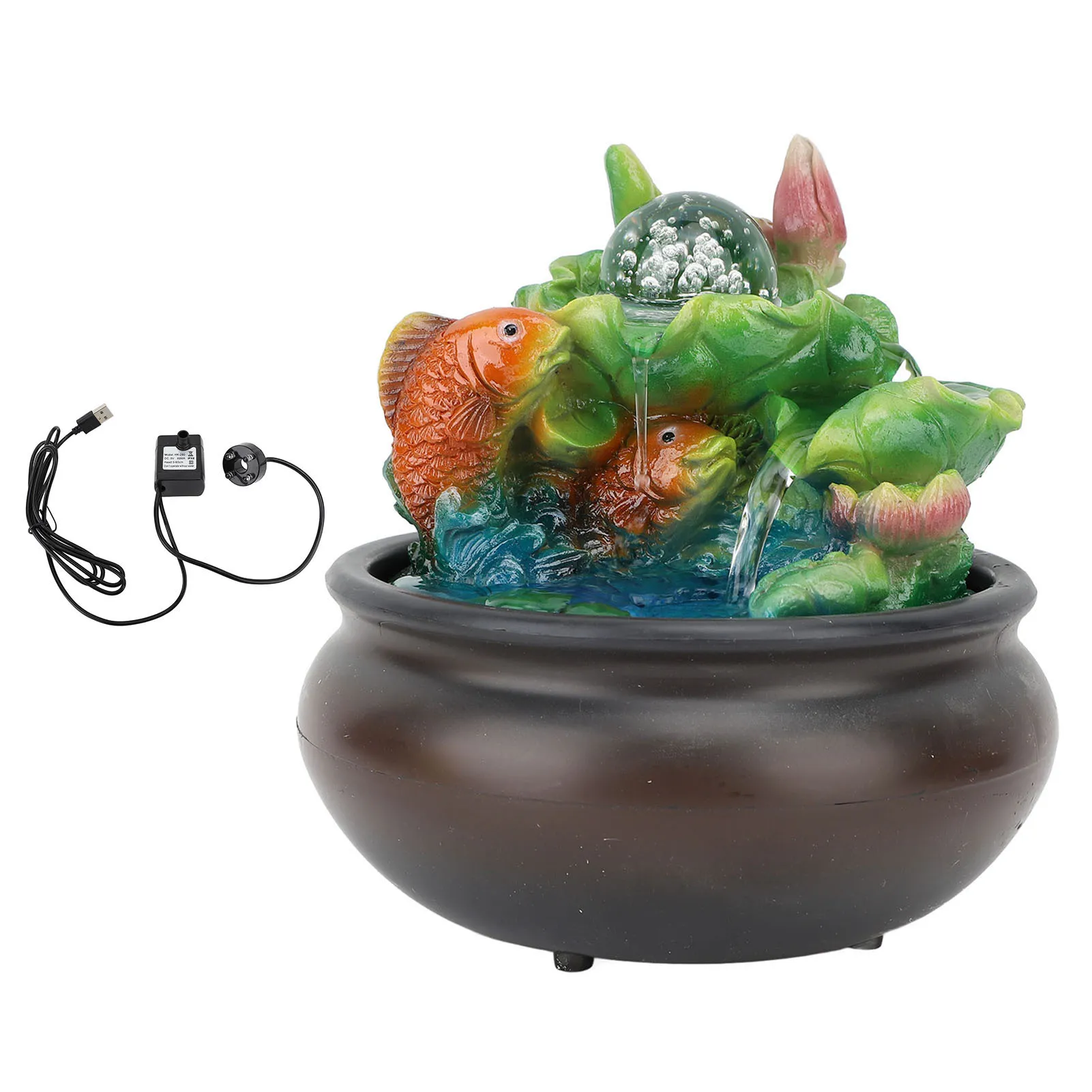 Fuente de Mesa USB con Flujo Ajustable, Adorno de Resina con Diseño de Koi, con Luces LED para el Hogar y la Sala de Estar
