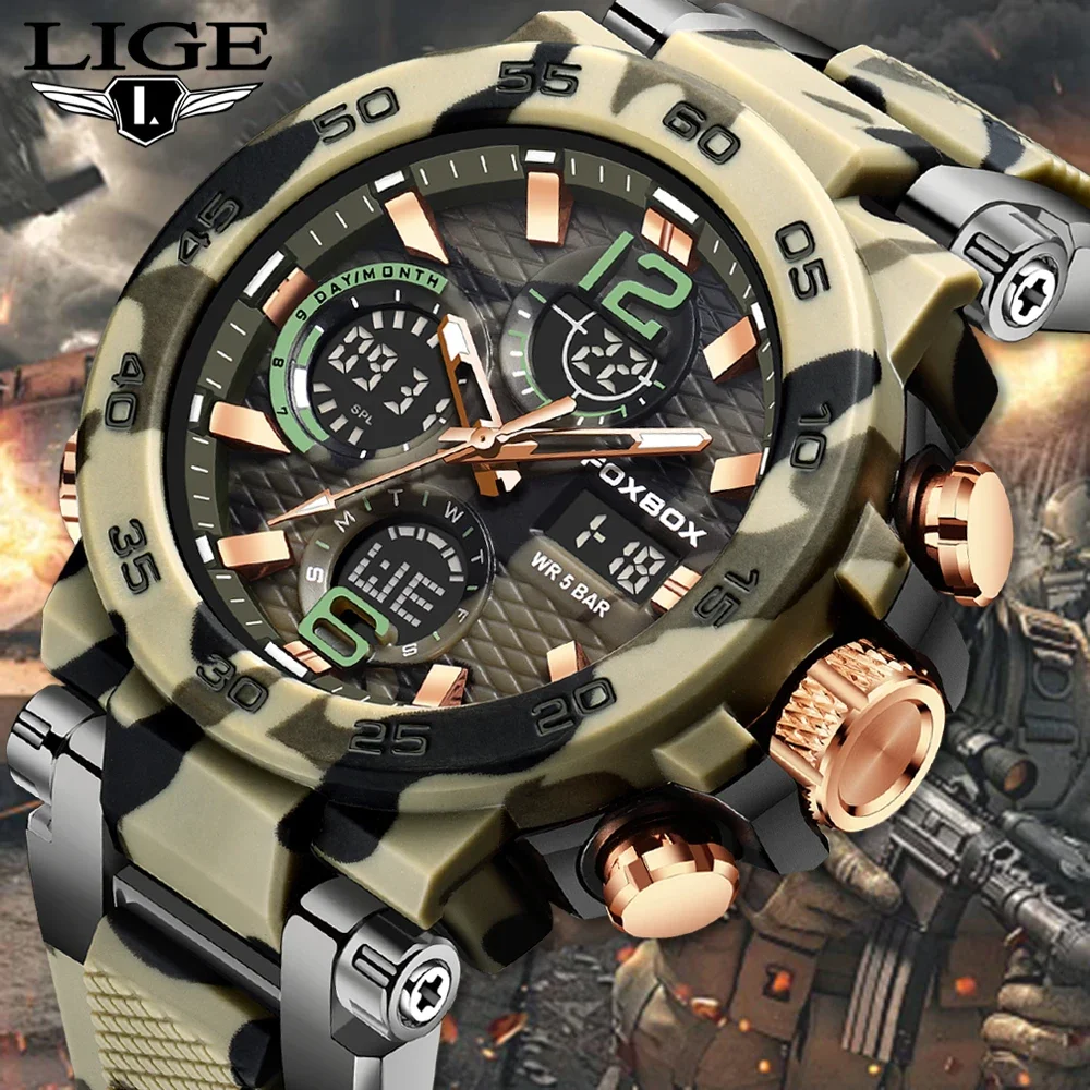 LIGE Digital Men Military Watch 50m Waterproof Wristwatch LED Quartz Clock Sports Watch Male Big Watches Men Relogios Masculino