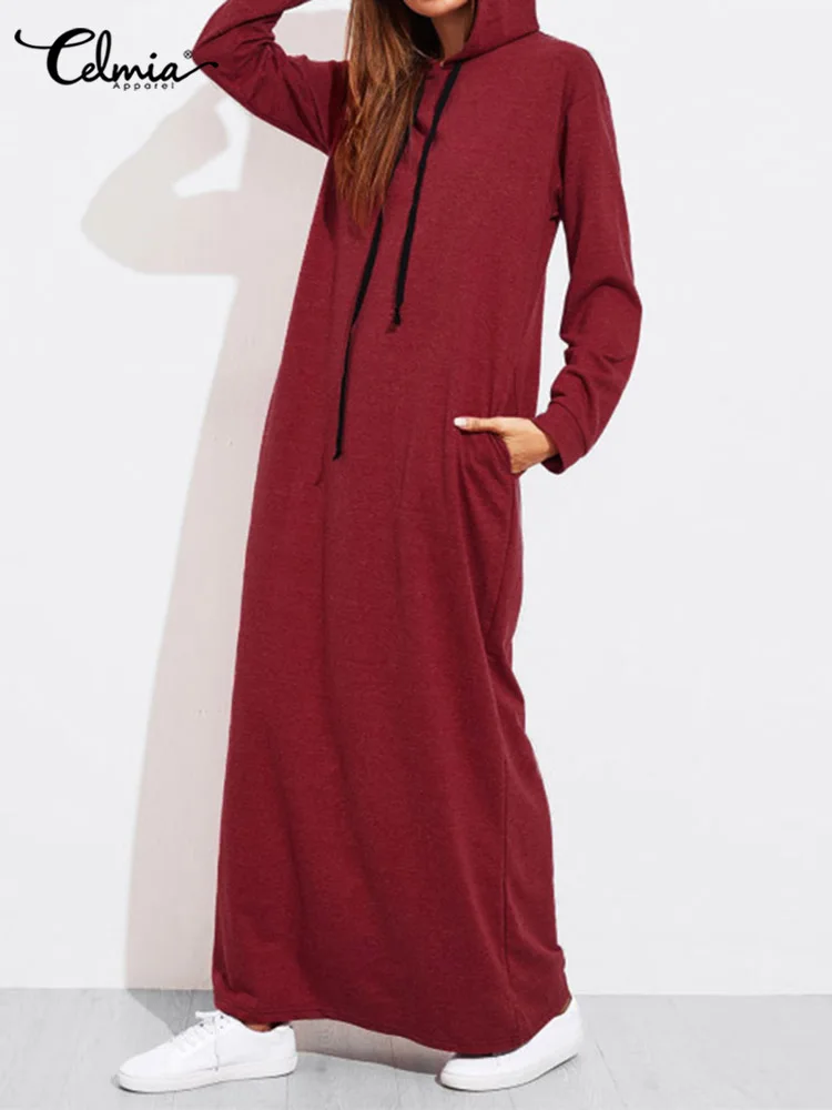 

Celmia 2023 Women Maxi Dress Autumn Fashion Vintage Hooded Dress Sweatshirt Winter Long Sleeve Hoodies Winter Vestido Robe Femme