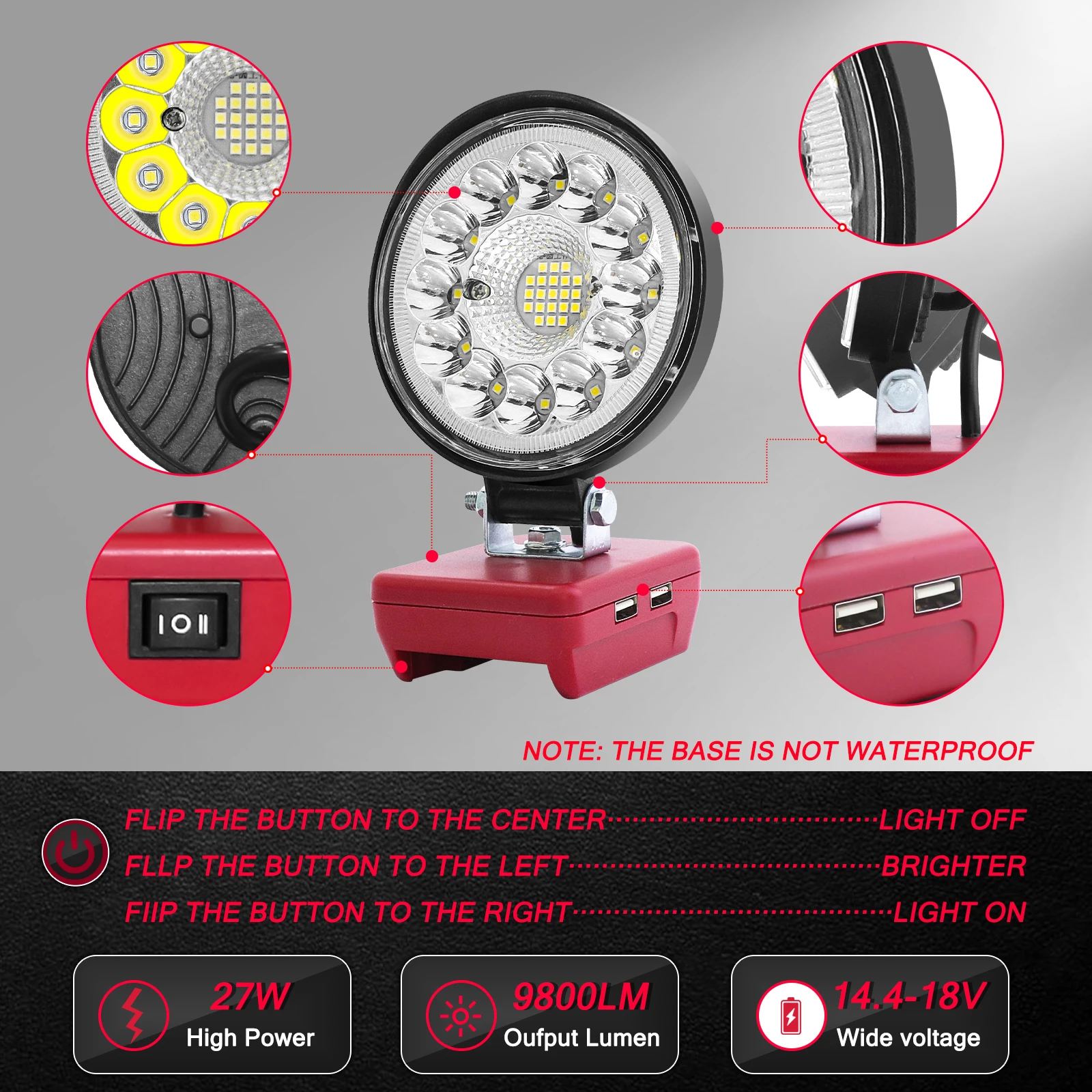 9800LM 27W สำหรับ milwaukee M18 14.4V 18V ไฟฉายทำงาน LED ไฟฉายสปอตไลท์แบตเตอรี่ Li-ion สูงต่ำการควบคุม