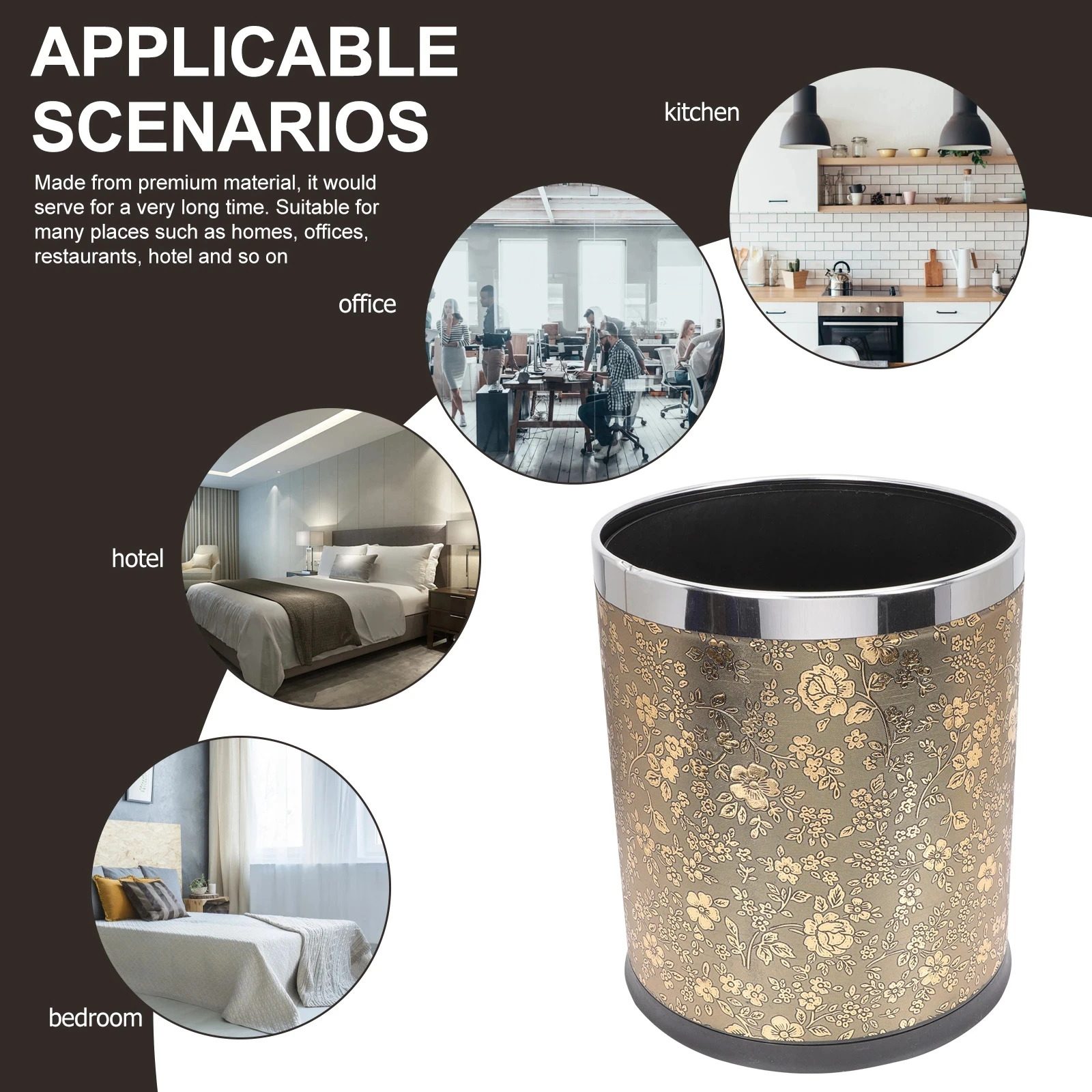 Trash Can Bin Waste Garbage Container Bathroom Basket Kitchen Bedroom Wastebasket Office Gold Accessories Paper Rubbish Round