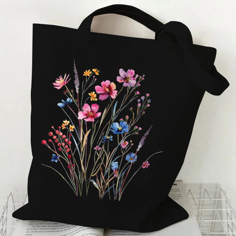 

Boho Wildflowers Pattern Tote Bag Canvas Shoulder Bag for Travel Daily Women's Reusable Shopping Bag Flower Purses for Women