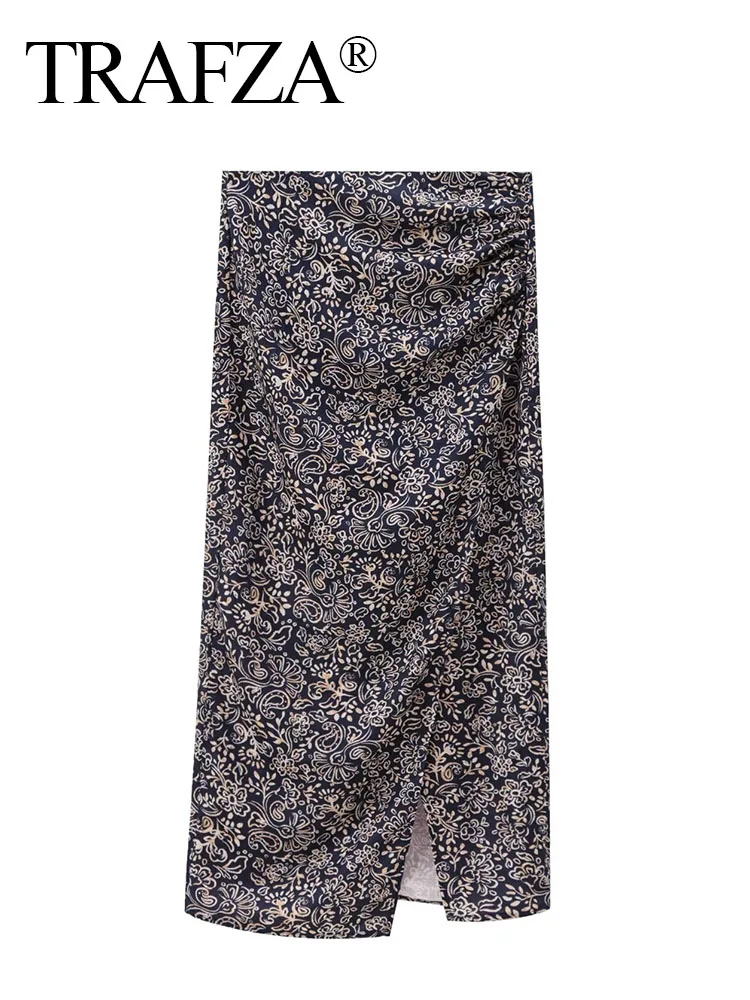 

TRAFZA Summer Female Fashion Skirts Linen Print High Waist Belt Decoration Slit Hem Back Zipper Skirt Women's Long Skirts Mujer