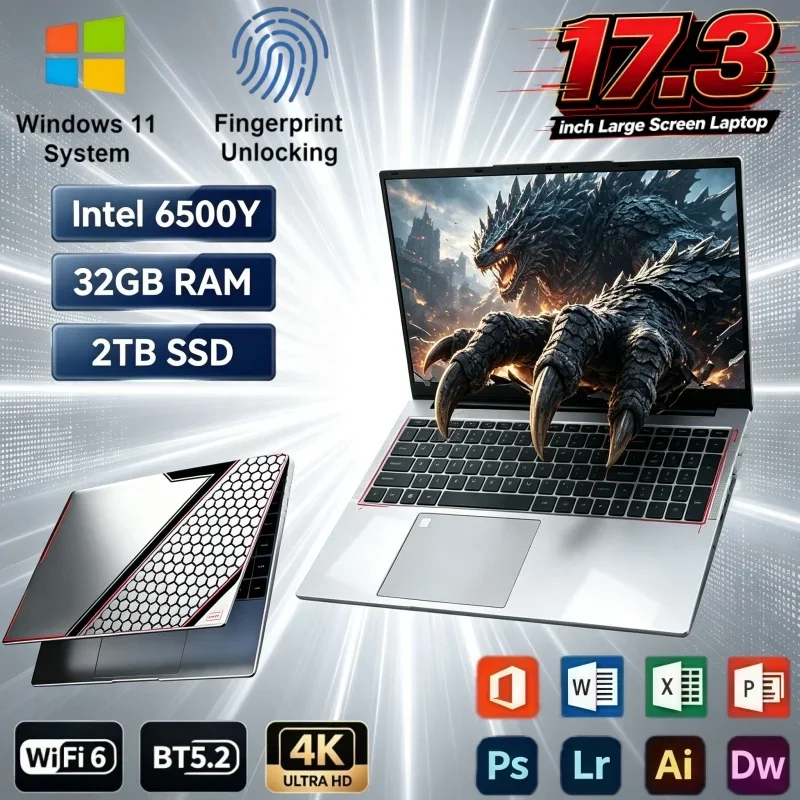 HOT 17.3 Inch HD Laptop Intel 6500Y 32GB RAM 2TB SSD Windows 11 Portable Notebook For Home Office Student Study