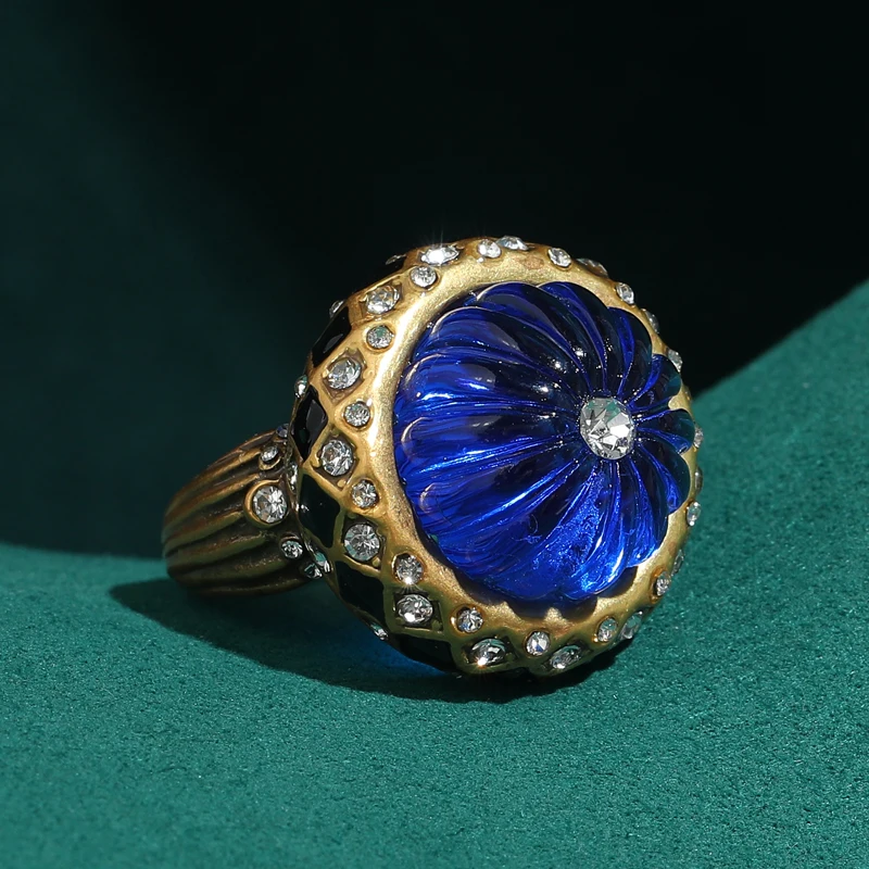 

Vintage Big Blue Pumpkin Natural Resin Rings Antique Gold Color Jewelry Luxury For Women 2025 New Trends Halloween Day Gifts