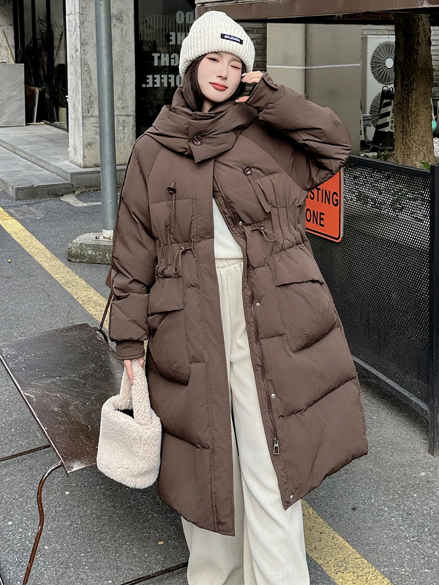 

Trendy Long Hooded Du down Jaet Women's Knee-Length Coat White Du Feather Outerwear Winter New Arrival Faion Design
