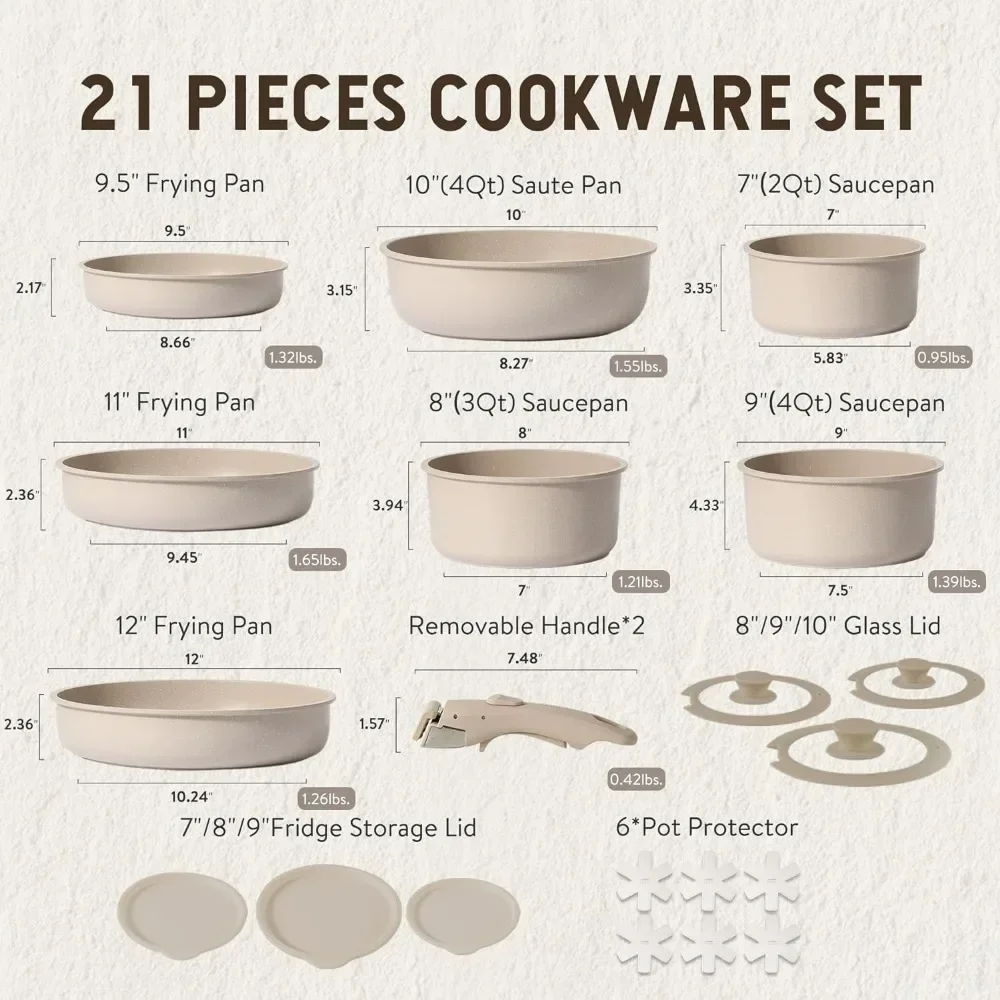 21pcs Detachable Handle Pots and Pan Set, Nonstick Induction Cookware, Removable Handle, RV Oven Safe Cookware, Taupe