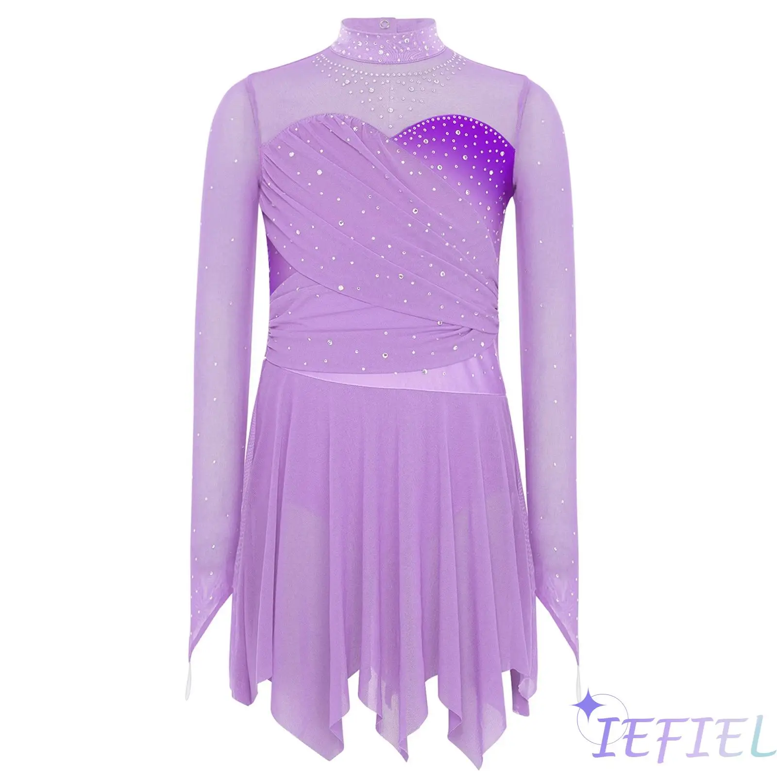 

Kids Girls Ballet Modern Artistic Performance Dance Dress Long Sleeves Irregular Hem Ruched Mesh Dress for Figure Skating Dance