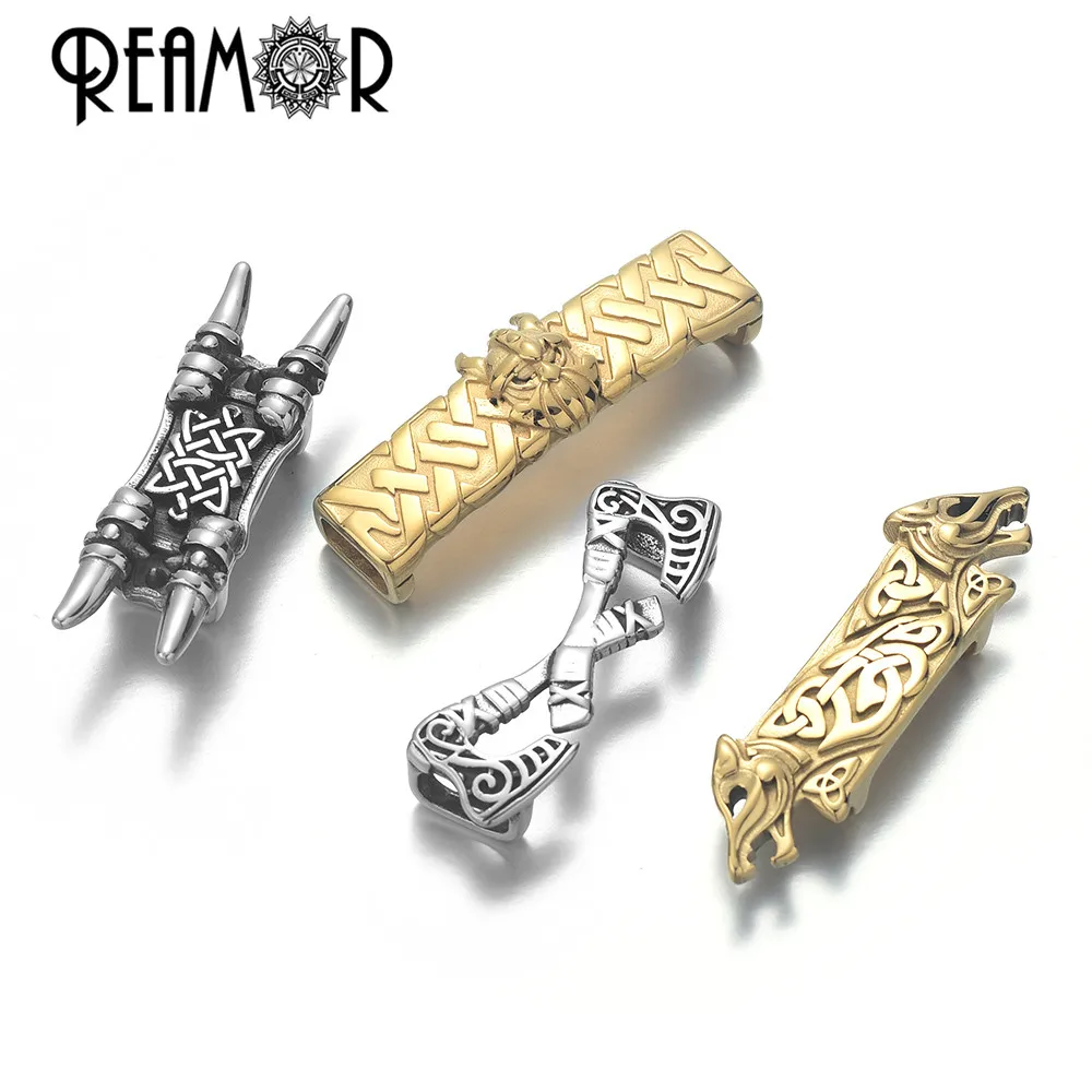 REAMOR 2pcs Stainless Steel Viking Slider Beads Battle-ax Wolf Totem Beads For 10*5mm Flat Leather DIY Men Jewelry Accessories