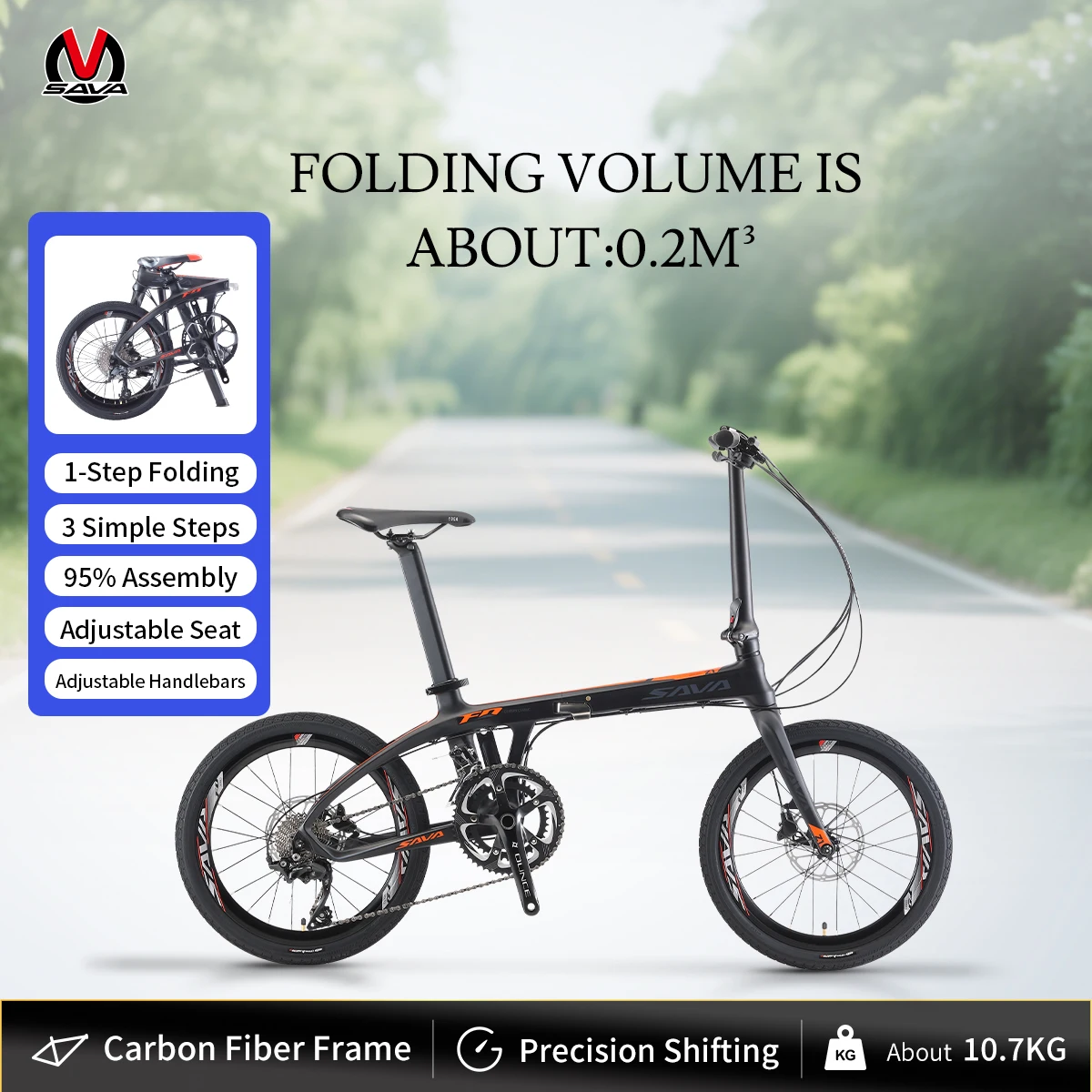 

SAVA Carbon Fiber Folding Bike 22 Speed/20 Speed/9 Speed, Adult Outdoor Cycling Bike 20 Inch Dual Disc Brakes