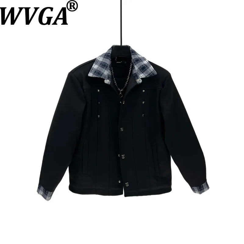 

WVGA Autumn Winter New Men Trendy Plaid Turn-Down Collar Patchwork Jackets Niche Casual Color-Block Padded Shoulder Coats W16580