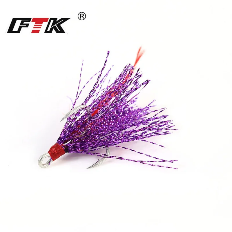 FTK Six Colors Tie Feather Treble Hook 1 2 4 6 Three Anchor Hook Fishhook Fishhook with Wool Fishing Gear