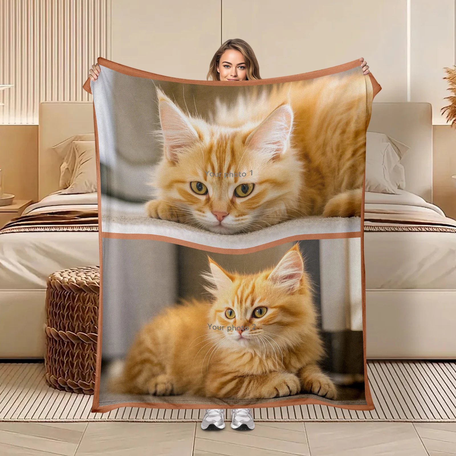 

Special Flannel Blanket For Loved Ones Featuring Two Customizable Cat Photos