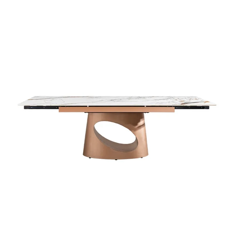 

Slate dining table retractable high-grade rose gold stainless steel rectangular 8-seat dining table and chairs