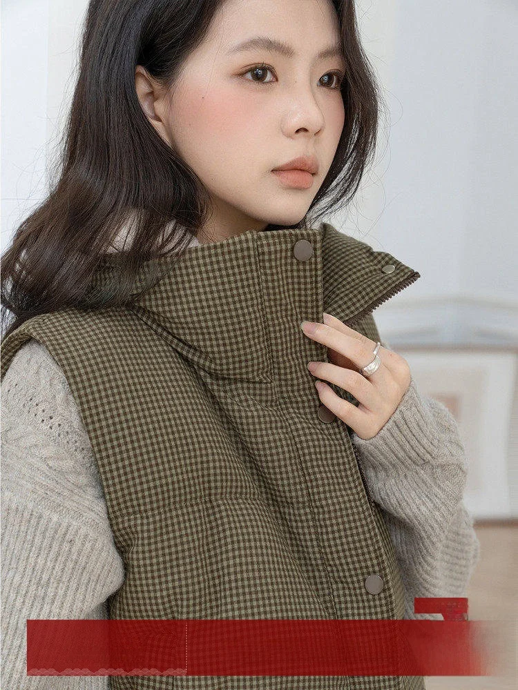 

MoZao Brown Plaid Svel Outerwear down Vest Women's Loose Layering Slimming Jaet Collar Regular Length Single Button