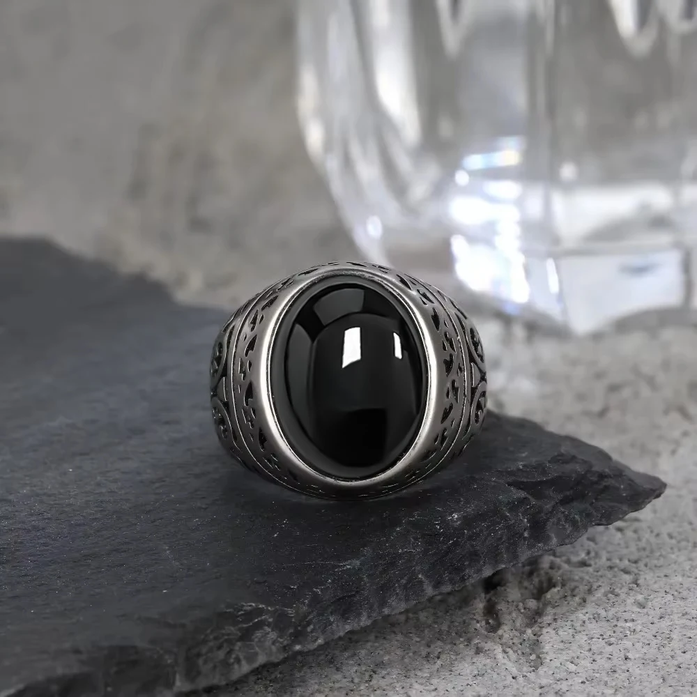 Pierścienie Srebrne Męskie Vintage Srebro Próby 925 z Naturalnym Owalnym Kamieniem Onyksowym w Kolorze Czarnym 10*14MM Duży Kamień Pierścienie Elegancka Biżuteria Męska — zdjęcie 4