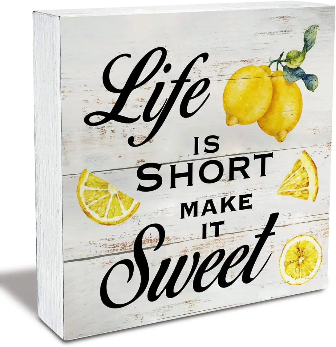 

Wooden Box Sign with Lemon Print, Rustic Farmhouse Decor for Home Kitchen Desk Shelf, Inspirational Quote Life is Short Make it