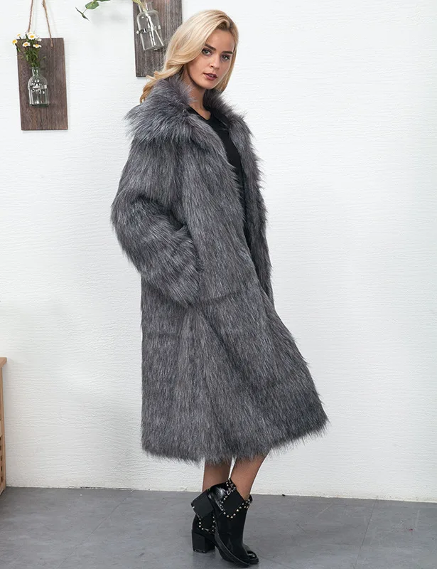 Mulheres inverno Faux Fox Fur Casaco Longo Grosso Manga Completa Fofo Casaco De Pele De Luxo 2023 Mujer Bontjas Casaco Peludo Quente Outerwear