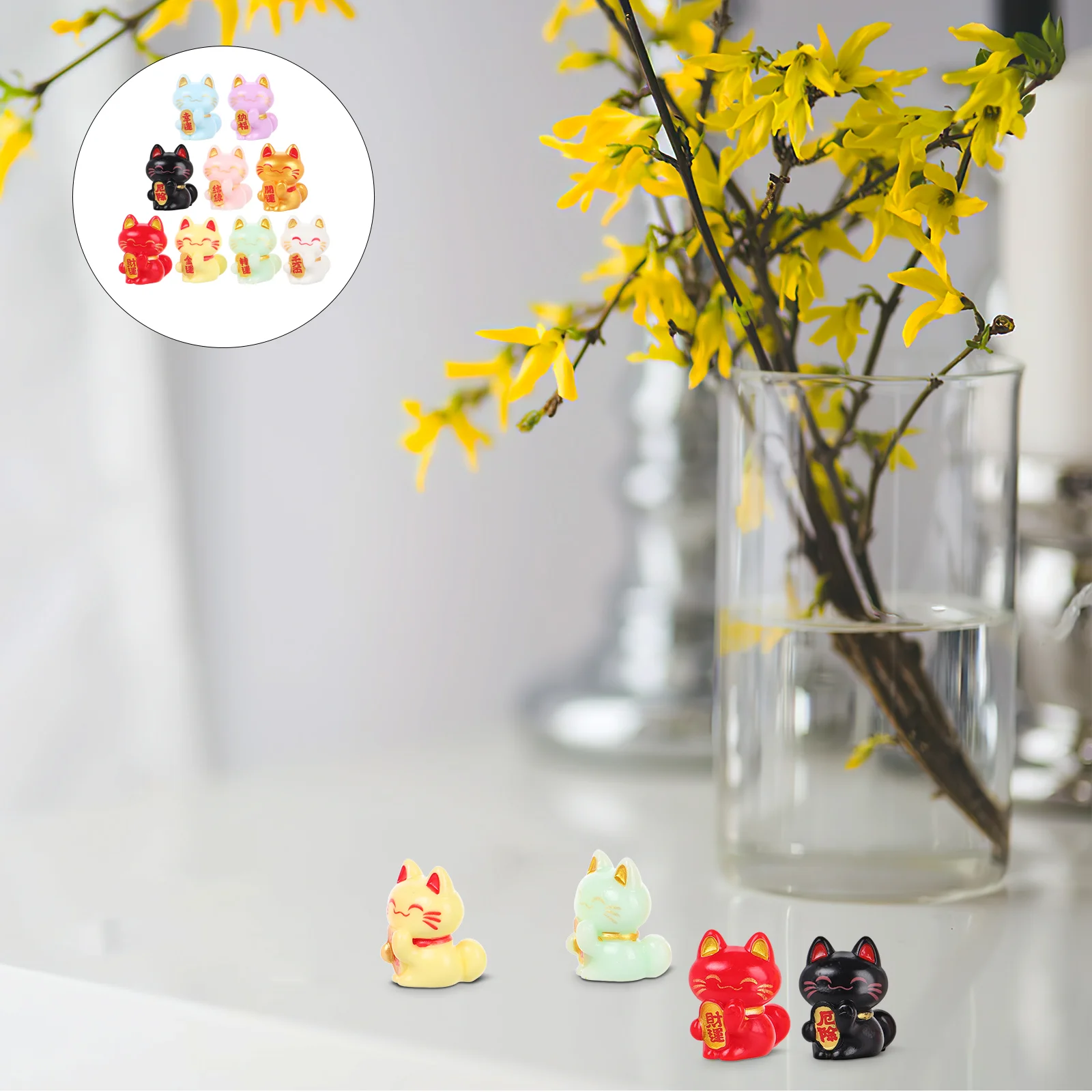 9 Pcs Japandi Home Decor Miniature Lucky Cat Plant Ornaments Modeling Fortune Statue Small Figurines Landscape Statues Office