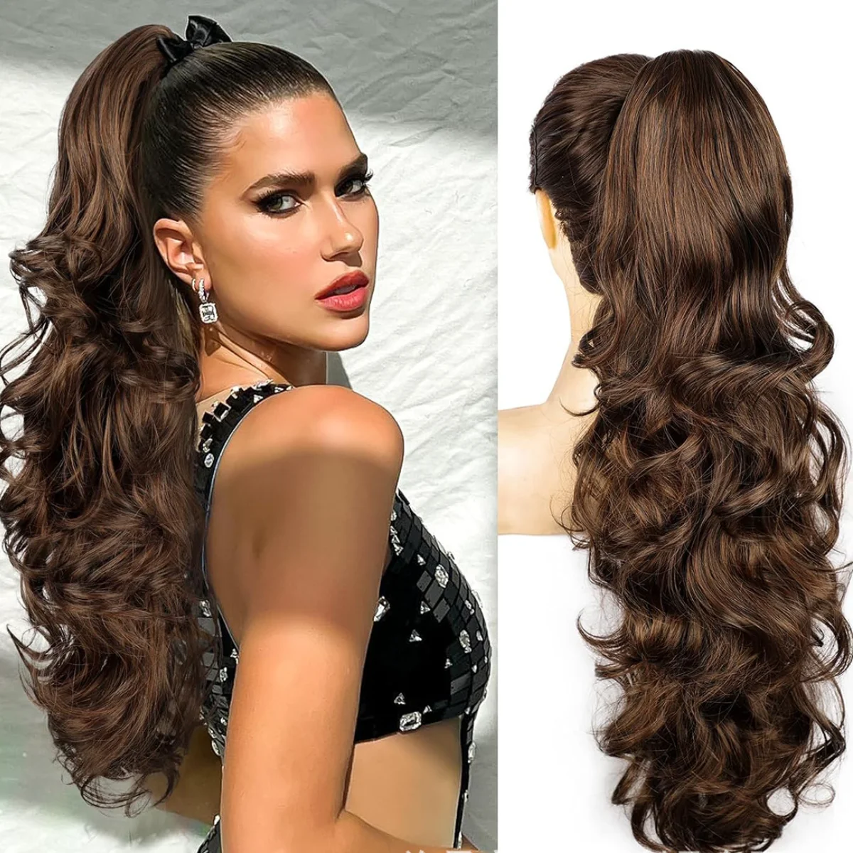 

Ladies Grab Clip Big Wave Curl Ponytail Wig Fluffy Invisible Big Curl Pear Blossom Wave Ponytail Synthetic Clip-in One Piece