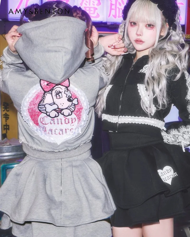 

Japanese GALFY New Lace Print Hooded Short Jacket High Waist Multi-layer Tutu Skirt Two-piece Set Mine Series Production Sets