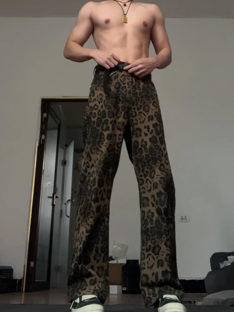 Retro American High Street Men's Denim Jeans Autumn Winter Leopard Print Wide Leg Extended Workwear Pants Couple's Style