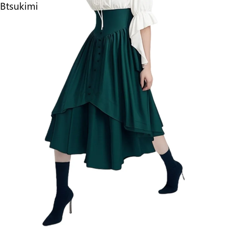 Women's Medieval Victorian Retro Maxi Skirt Renaissance High Waist A Line Long Skirt Steampunk Gothic Ruffled Hem Party Skirts