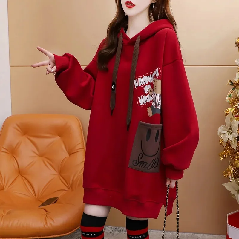 Add Velvet Padded Hooded Sweater Women\'s Long 2024 New Autumn and Winter Explosions Foreign Style Loose Design Coat