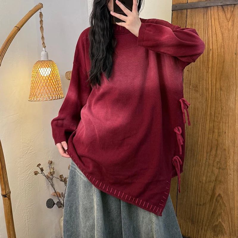 

Autumn 2025 New Arrival Women Round Neck Long Sleeves Vintage Pullover All-matched Casual Loose Asymmetric Knitted Sweater H94