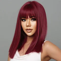 Fashion synthetic fiber female long straight hair full head set with fringe wine red medium long hair high temperature silk wig