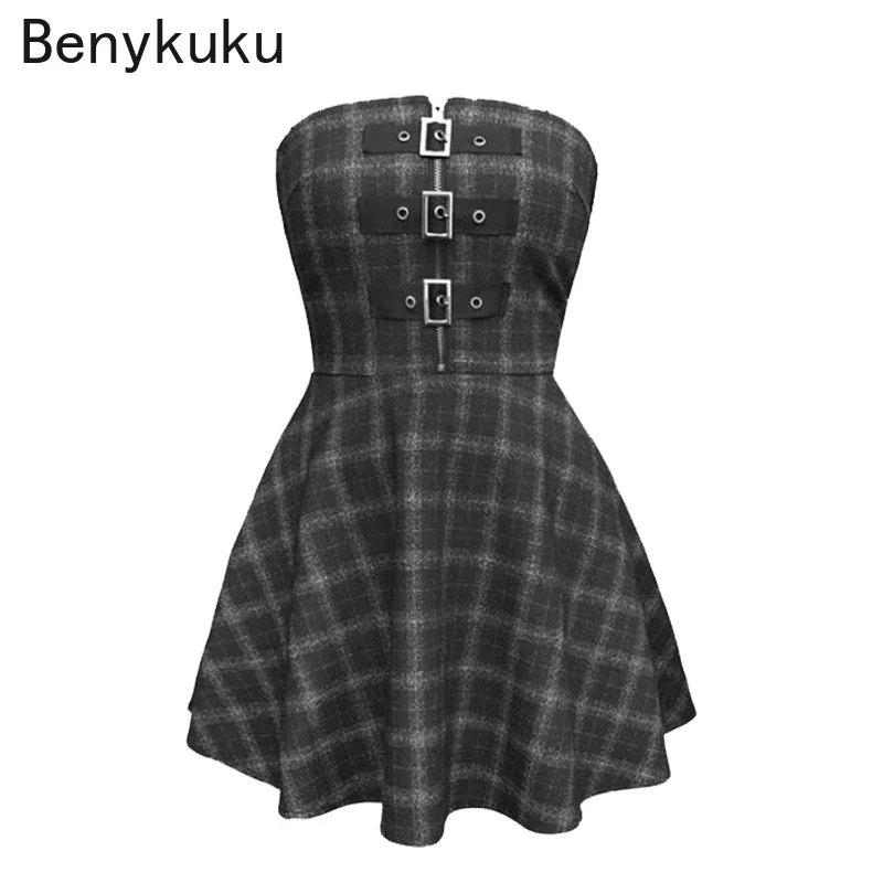 

Gray Plaid Gothic Girls Pleated Dress Autumn Winter Women Sexy Backless Rock Punk Mini Dress High Waist Female Short Dresses