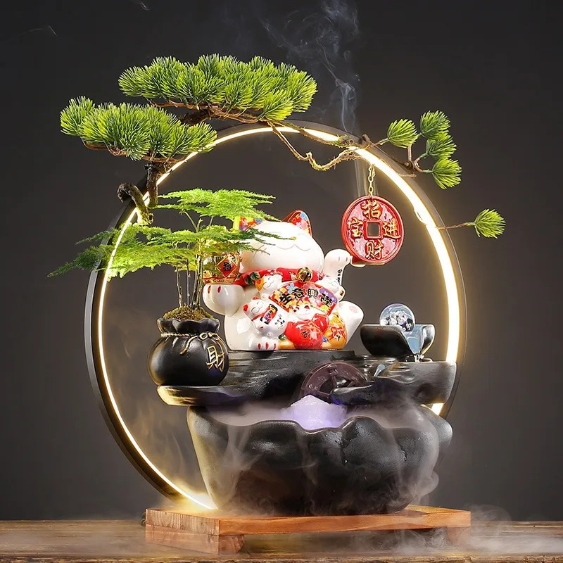 Opening and Moving Gifts Lucky Cat for Attracting Wealth, Flowing Water for Generating Wealth, Living Room Home Decoration Craft