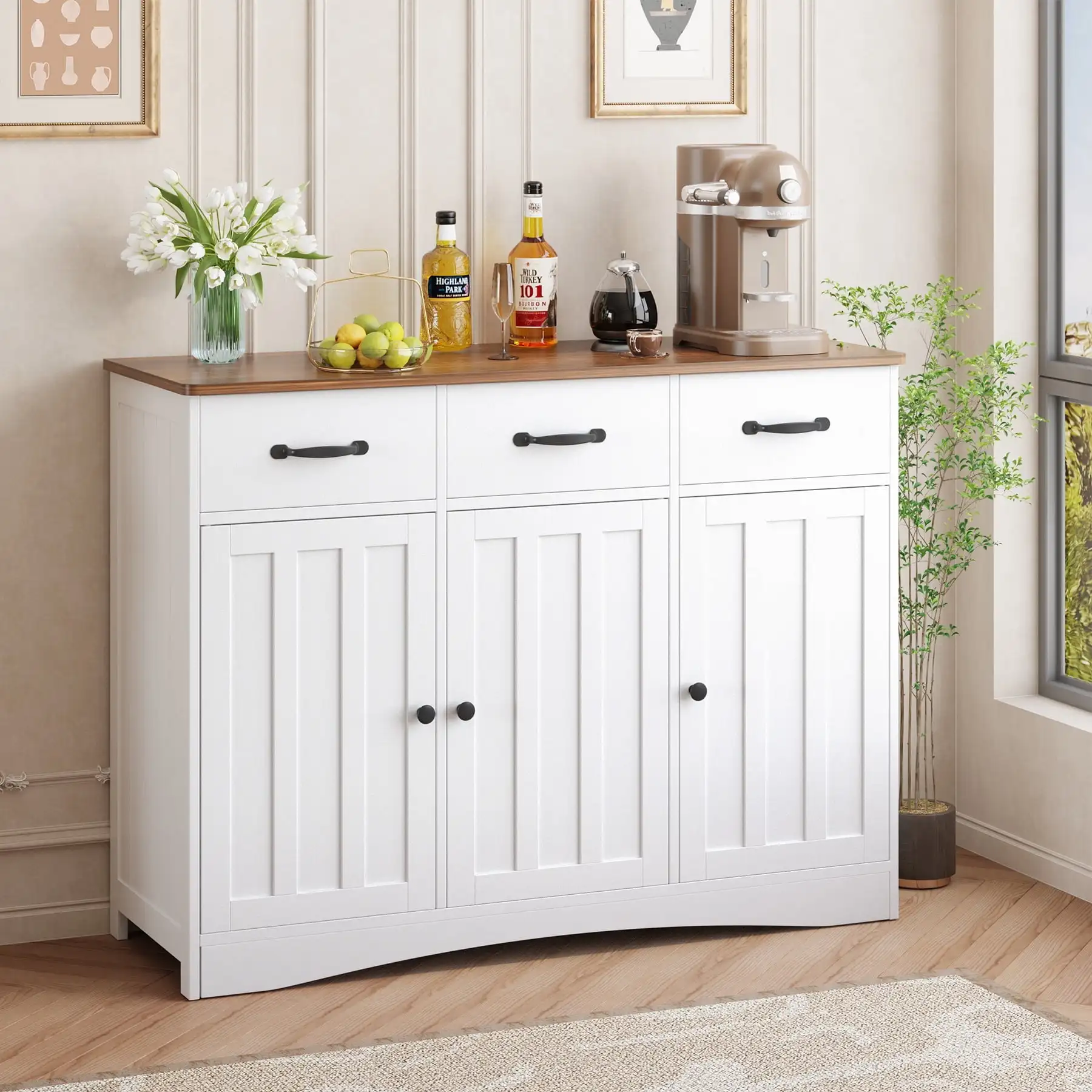 Sideboard Buffet Cabinet, Lofka Buffet Storage Cabinet with Drawers and Shelves, Wood Coffee Bar Cabinet, White+Retro