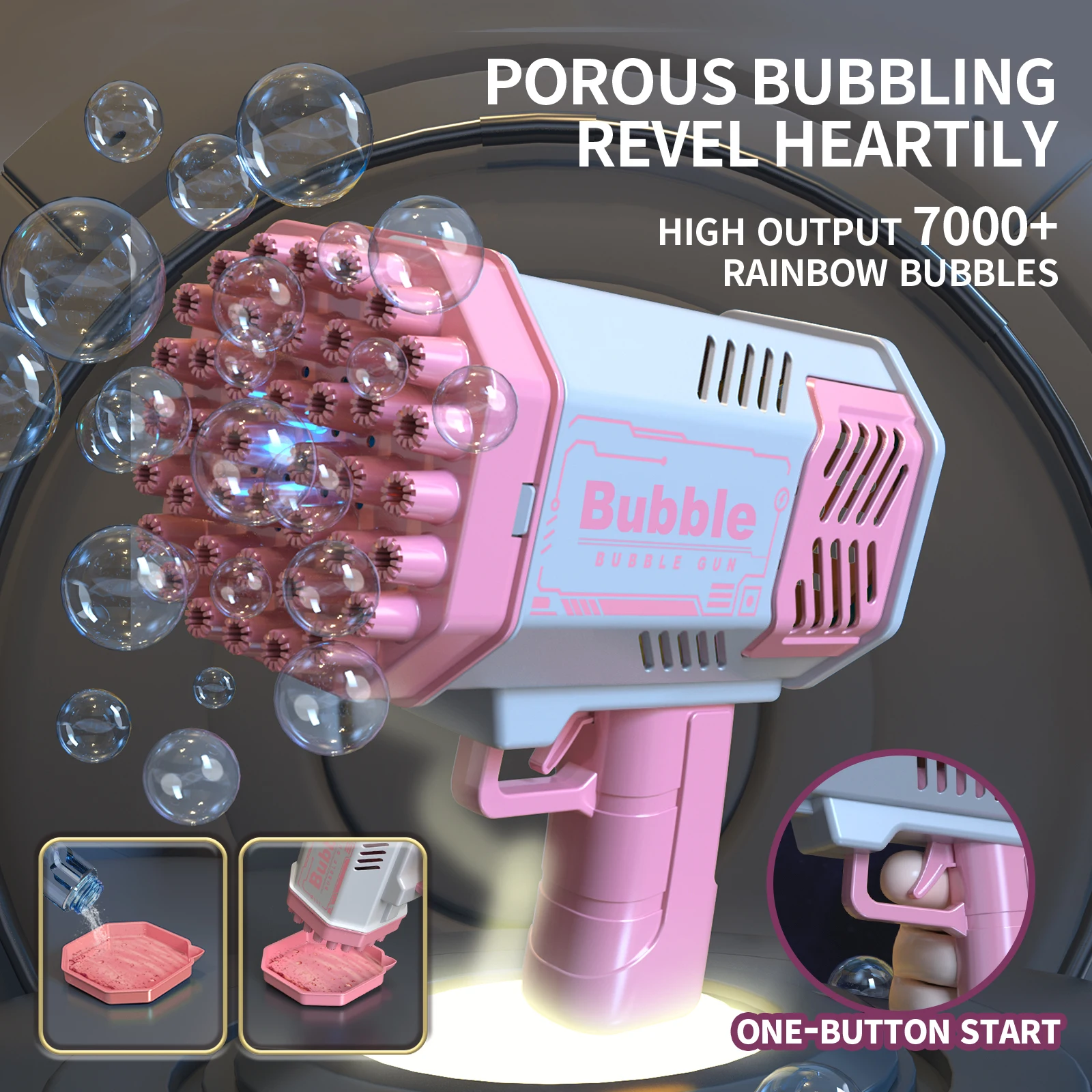 Um lançador de 40 furos para crianças carregado, portátil, automático, pistola de bolhas, luz LED (líquido de bolhas e baterias excluídas)