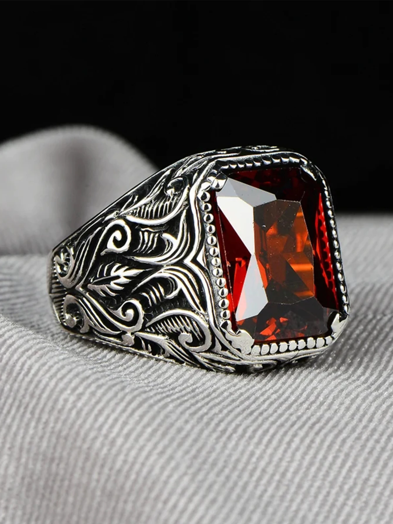 Vintage Handmade Turkish Signet Ring For Men Women Ancient Silver Color Carved Ring Red Yellow Zircon Inlay Punk Motor Biker