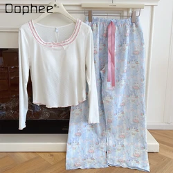Women's Jacquard Pajama Sets Cat Cotton Long Sleeve with Chest Pad Soft Loungewear Cute Cartoon Elastic Waist Sleepwear