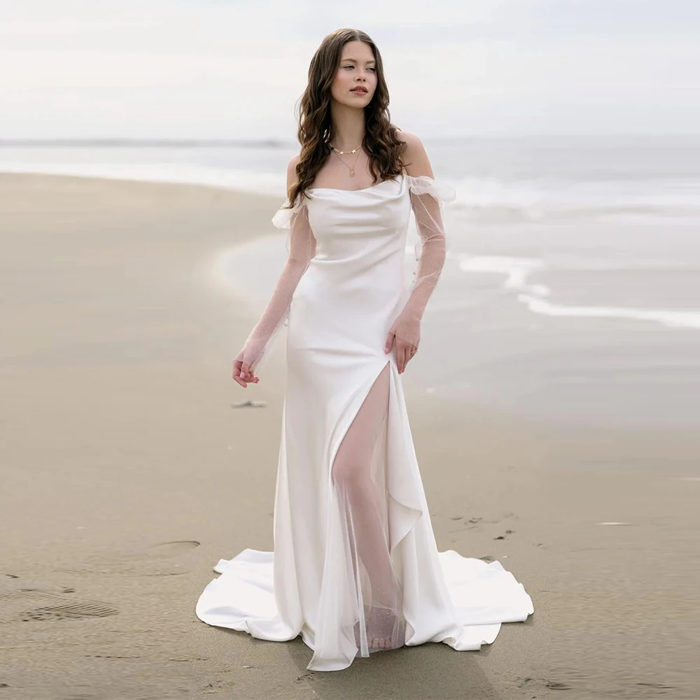 

Свадебные платья русалки с открытыми плечами по индивидуальному заказу и атласные свадебные платья с разрезом по бокам и милой складкой Vestido De Noival