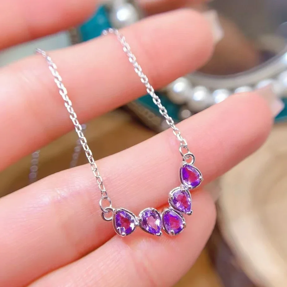 Genuine Amethyst Neckalce for Vacation 3mm*4mm Total 0.6ct Natural Amethyst 925 Silver Necklace with 3 Layers 18K Gold Plating