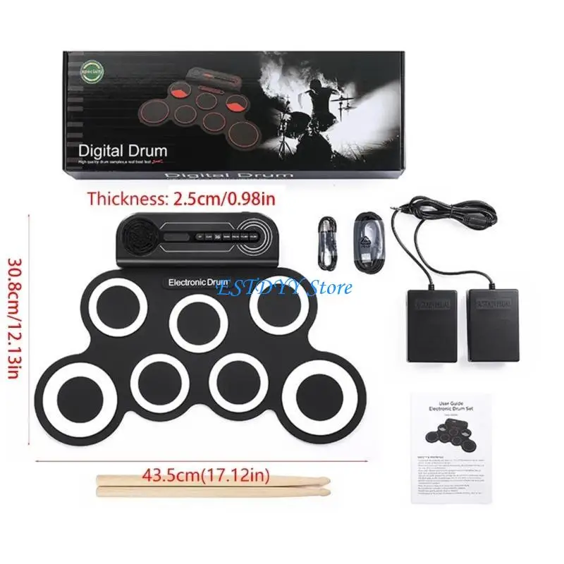 G6DE مجموعة طبلة إلكترونية قابلة للطي وسادة ممارسة سيليكون محمولة مع مكبر صوت أفخاذ دواسة قدم لعبة موسيقية للأطفال