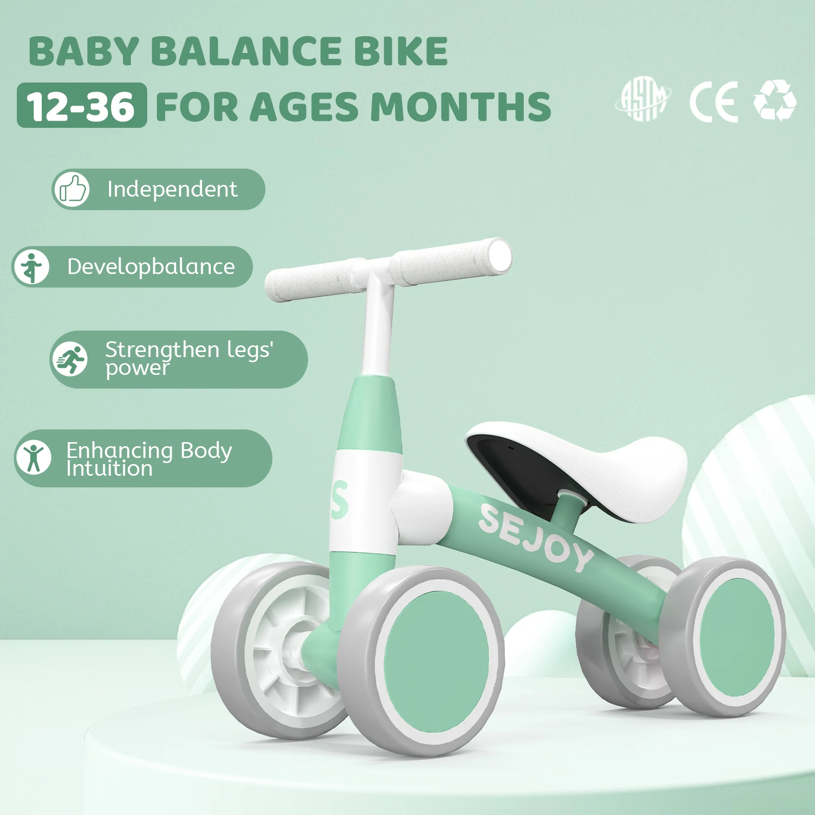 Sejoy Baby Balance Bike Children Walker for 1-3 Years Old Boys Girls 12-36 Months Kids Toddler 4 Wheels Riding Toys,Birthday Gif