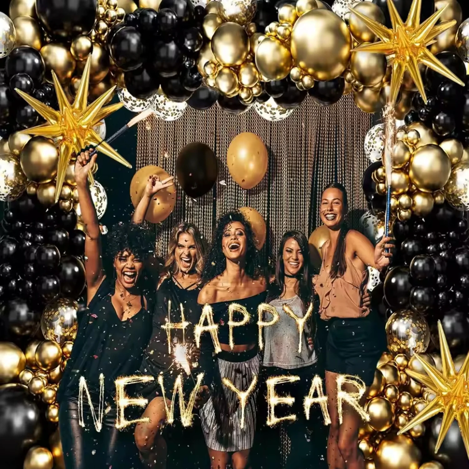 طقم قوس بالونات باللونين الأسود والذهبي مع بالونات من رقائق النجوم لمستلزمات زينة حفلات الزفاف وأعياد الميلاد والعائلية #4