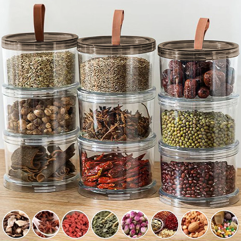 

Sealed Kitchen Grain Storage Organizer Jar with Lid 1/2/3/4Layer Plastic Moisture-proof Storage Box Household Seasoning Jars Set