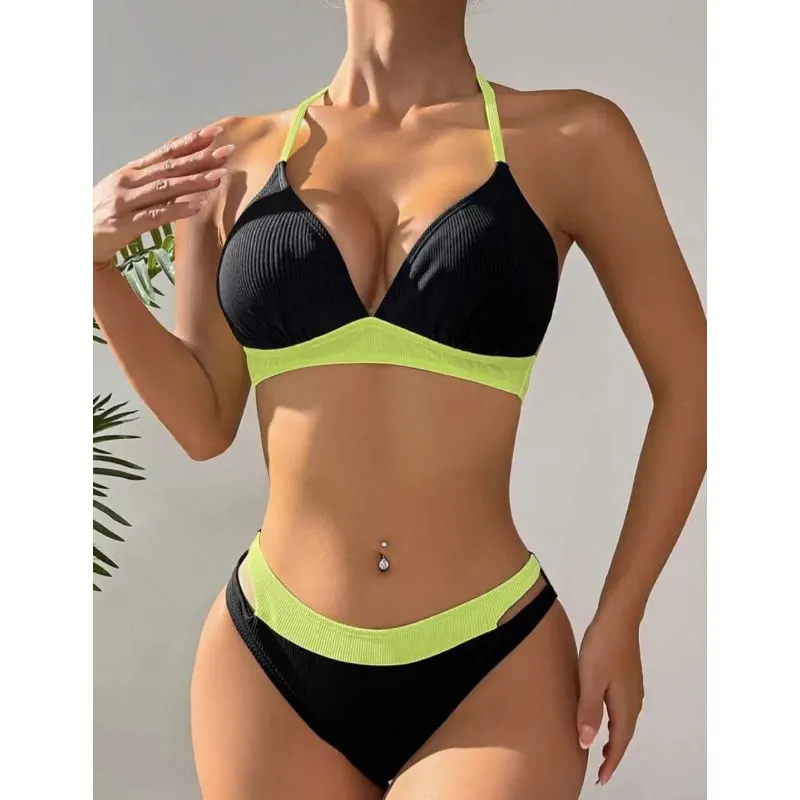 Cikini-Colorblock Cutout Waist Triangle Bikini Swimsuit for Women, Summer Beach Swimwear, Bathing Suit