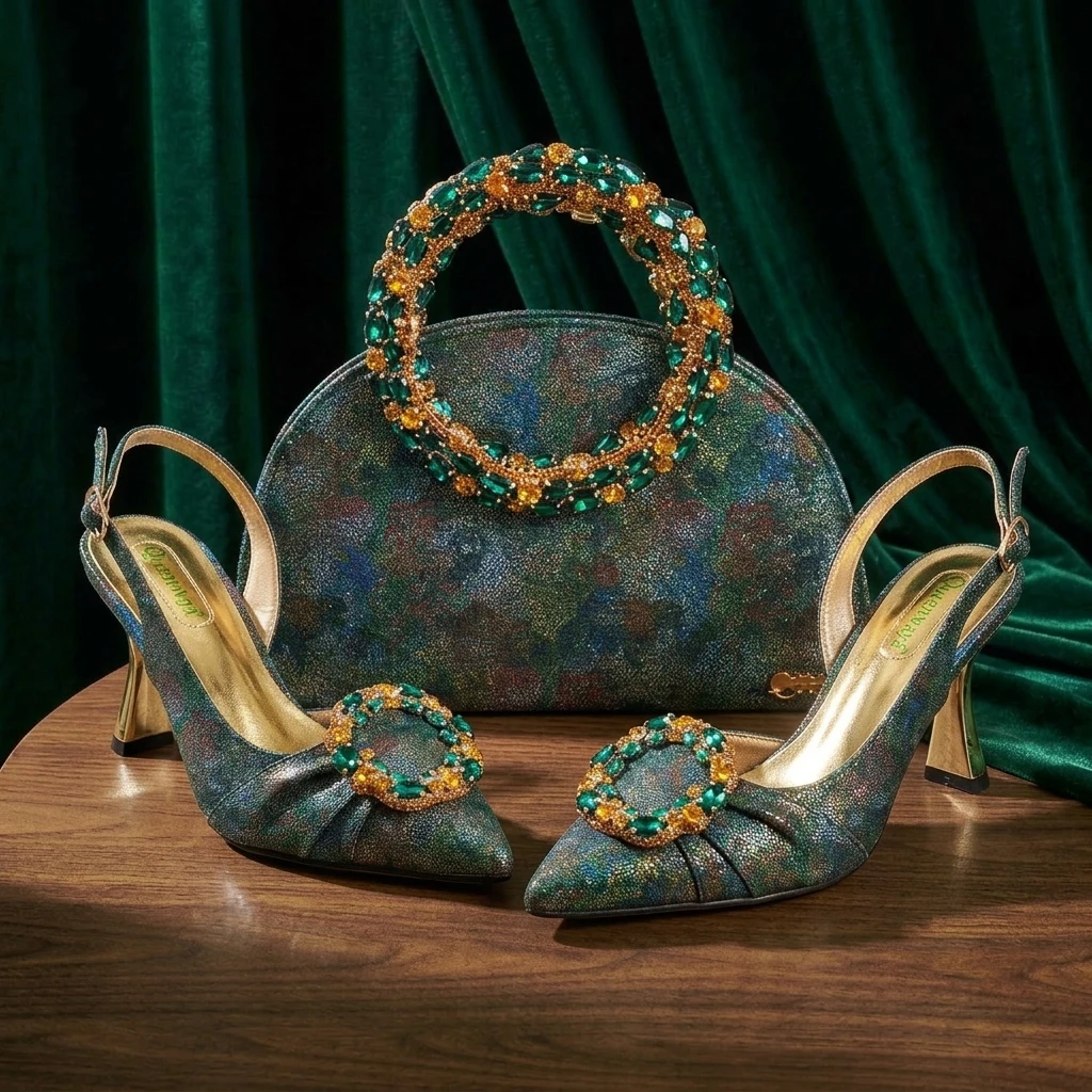 Multicolor Shimmer Rhinestone Circle Women Heels Rhinestone Ring Handle Evening Clutch Wedding Formal Matching Shoe and Bag Set