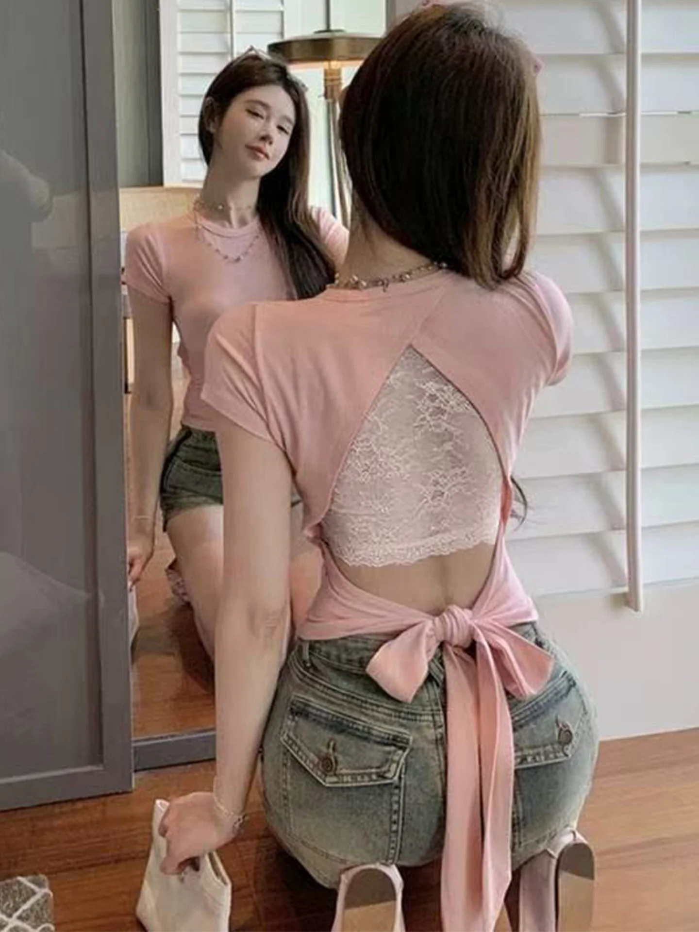 Pure Desire Spicy Girl Lace Tie Design Ba Hollow out ort Sve T-irt Women Summer New Sle ort Top Korean Sle Sli...