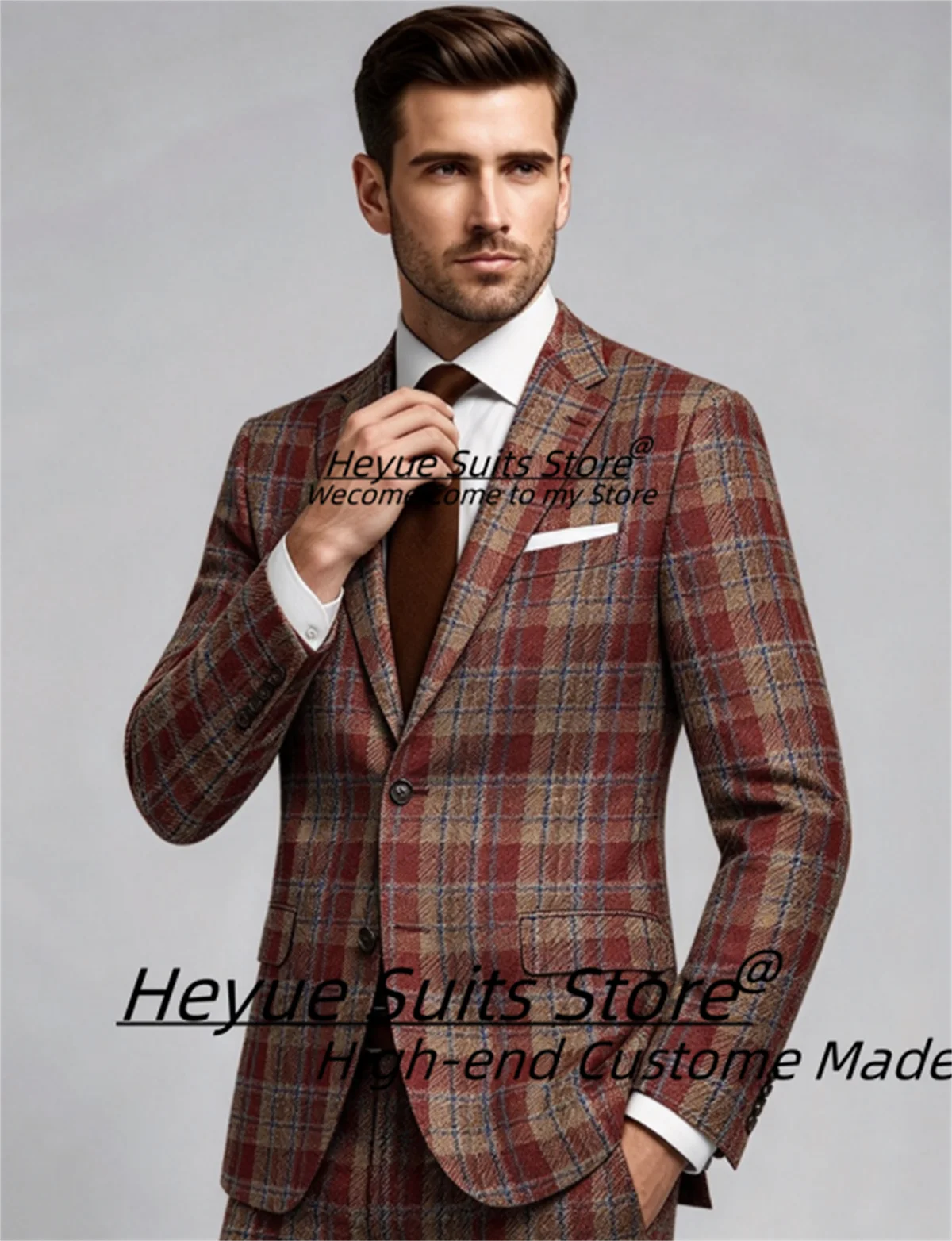 Luxurious Red Brown Plaid Men Suits Customized Slim Fit Business Notched Lapel Groom Wedding Tuxedos 2 Pieces Sets Ropa Hombre