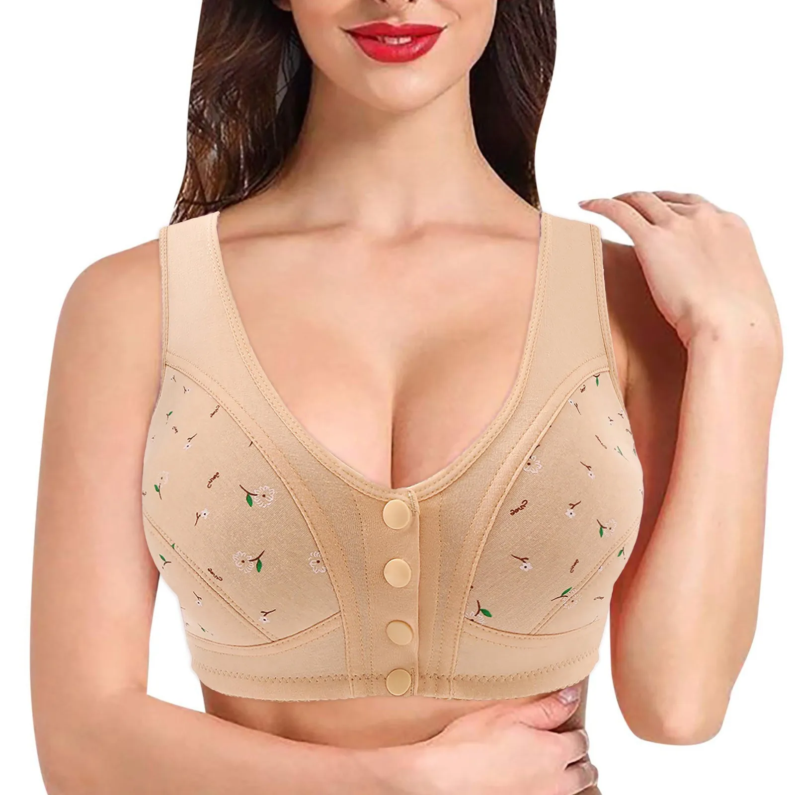 

Elderly Comfy Active Cotton Wire Free Floral Closure Underwear Everyday Lingerie Plus Size Convenient Front Button Daisy Bra