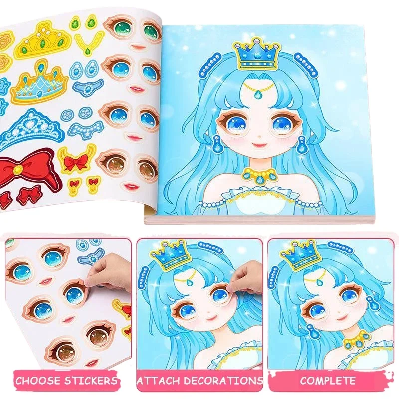 1 Set Spielzeug-Puzzle-Aufkleber Wiederverwendbar für Mädchen Cartoon-Prinzessin Gesichtsaufbau-Aufkleber Bastelarbeiten Kreative Kinder-Aufkleber – Detail 7
