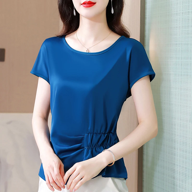 Summer New Simulated Silk Satin Face Women\'s T-shirt Short Sleeves High Grade Top Unique Waist Small Shirt